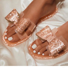 Rhinestone Women Flat Beach Slippers Newest Summer Bow Glitter Crystal Jelly Sandals